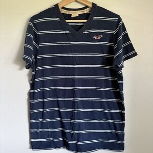 Hollister Men's Navy Blue & White Stripped V Neck Tshirt Large